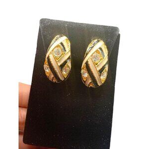 Fabulous Clip On Earrings Enamel and Rhinestones Dome Semi Hoop Chunky Gold Tone